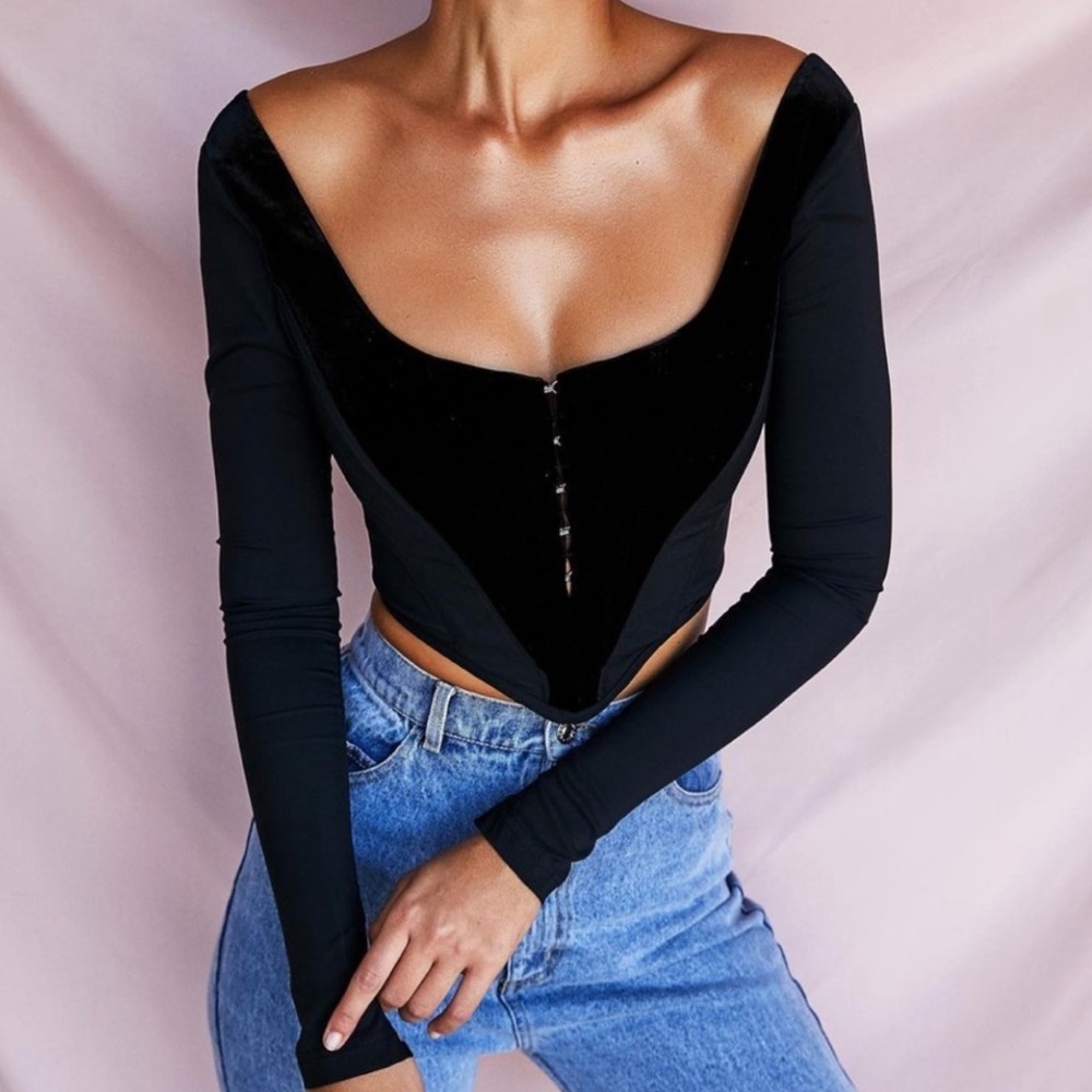 House of CB Black V-Waist Long Sleeve Corset Top